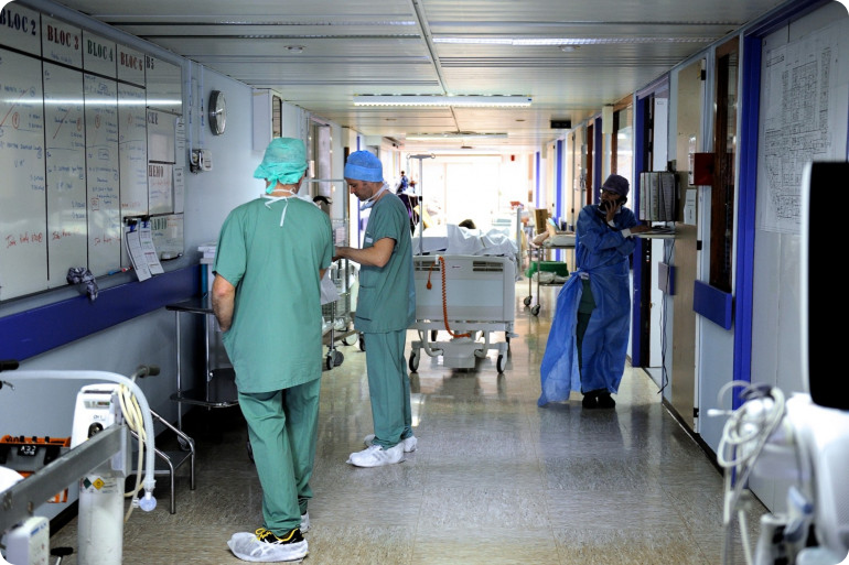 Hospital corridor with medical staff